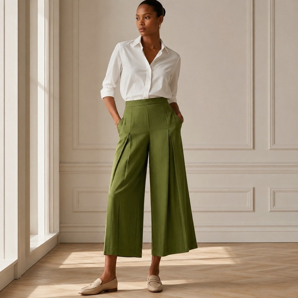 LK Bennett Frances Wide Leg Cropped Pants Olive Green NWT US 12
